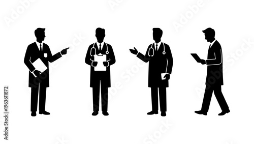 Medical doctor silhouettes set, professional healthcare workers in lab coats with stethoscopes, physician silhouettes for hospital infographics