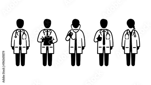 Medical doctor icon set with 5 professional physician silhouettes, healthcare staff characters in white coats, clinical worker vector illustrations