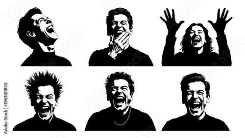 High contrast black and white vector silhouettes of laughing men, set of 6 expressive male portraits with joyful facial expressions, emotional character icons