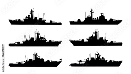 Military warship silhouettes set, collection of 6 naval vessel icons, black destroyer and frigate vector shapes for marine defense graphics
