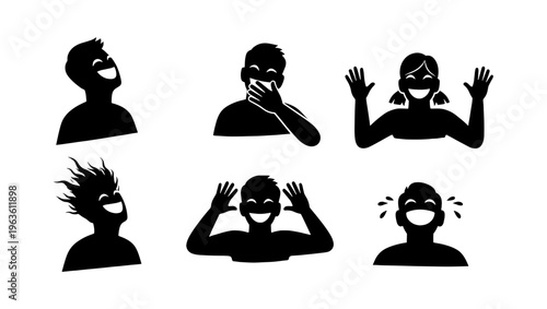 Laughing people silhouettes set, happy person avatar collection with joyful expressions, black vector icons of men and women laughing out loud