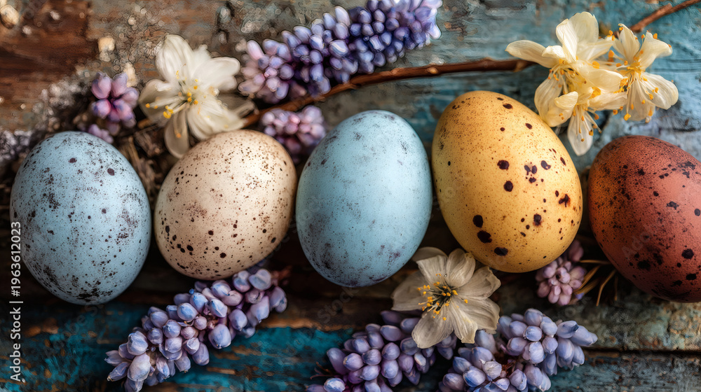 Obraz premium Easter eggs on wooden surface with rustic style and flowers
