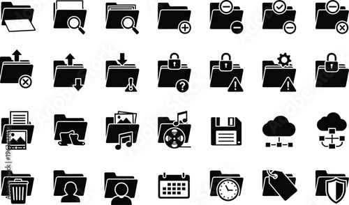 Data & document management icons: folders, files, cloud, calendar, floppy disk, black silhouettes, calendar schedul