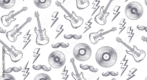 Rock and Roll Pattern: Guitars, Vinyl Records, and Mustaches