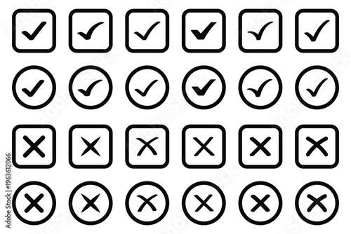 Check Mark Icons in Circle – Editable Stroke Tick Symbol Set. Red cross and green check mark icons correct incorrect symbols approval rejection concept vector illustration isolated modern flat design.