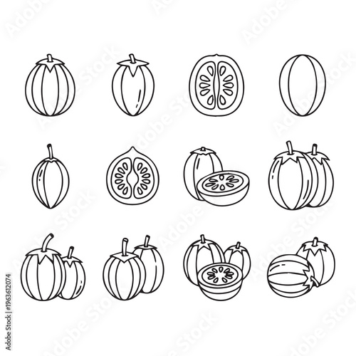 Eggplant Varieties Collection: Whole and Halved Illustrations on White Background Line Art Style
