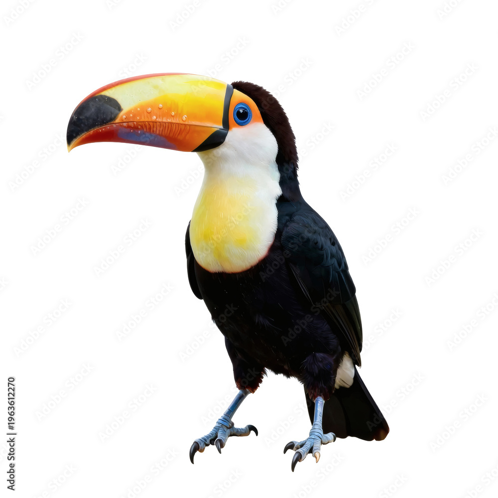Obraz premium Colorful toucan perches in a brightly lit studio with a clean white backdrop