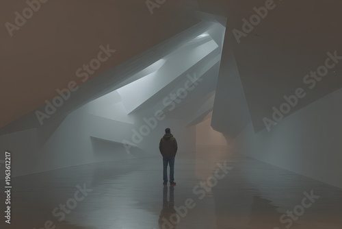Person stands in a modern architectural space with abstract shapes and soft light during a foggy time of day