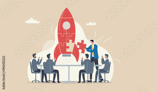 Solve business problem with creativity, finishing or complete brilliant ,business concept, analysis marketing smart businessman assemble piece team jigsaw complete red big rocket puzzle