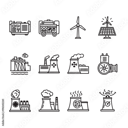 Energy Generation Icons: Diverse Power Sources Detailed Line Art Collection