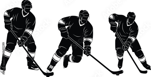 Hockey players with sticks on ice rink vector illustration.