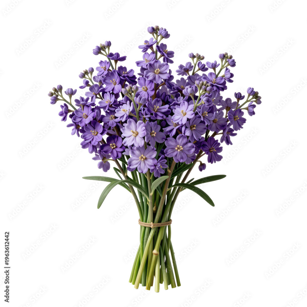 Obraz premium Elegant bouquet of vibrant purple flowers tied together on a white background