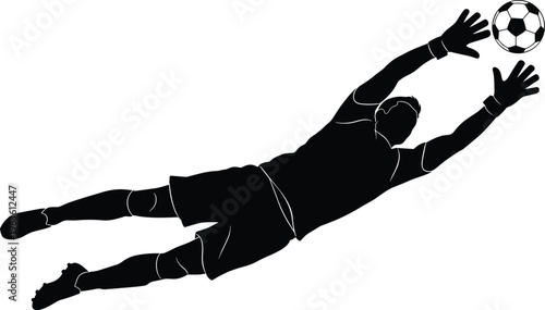Soccer goalkeeper diving for ball vector silhouette.