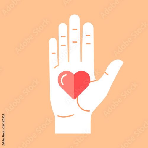 Vector illustration of a human hand holding a red heart. Symbolizing love, care, giving, charity, support, and generosity in a flat design.