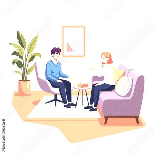 Professional therapy session: Man client talks to female counselor. Mental health support, psychological consultation, psychotherapy illustration.