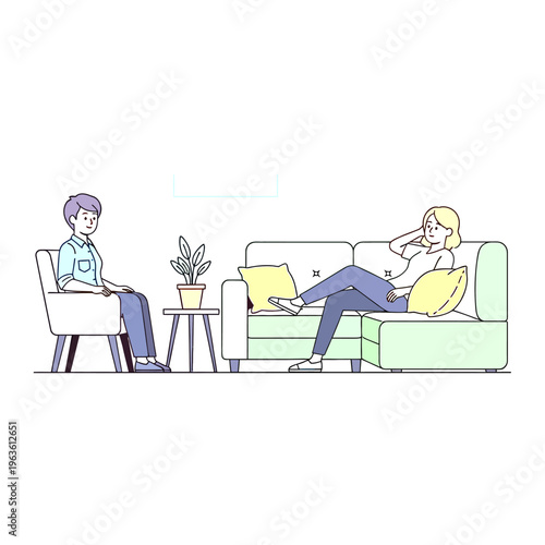 Mental health counseling session. Professional therapist talks to a distressed client on a sofa. Psychological support concept illustration.