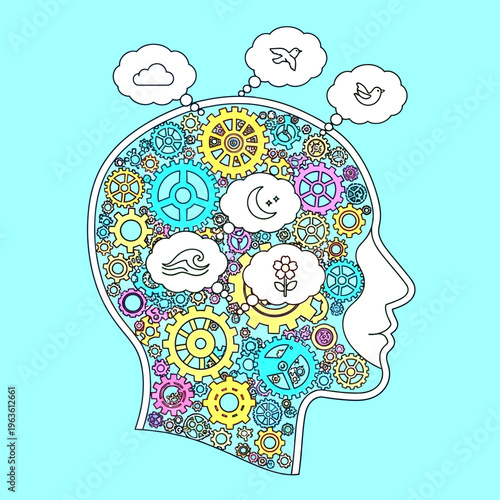 Mind mechanics concept with gears in a human head, representing thought processes, creativity, and natural world ideas