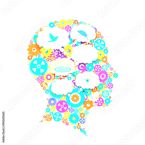Abstract colorful human head silhouette formed by gears and cogs, symbolizing creative thinking, innovation, ideas, and environmental consciousness.