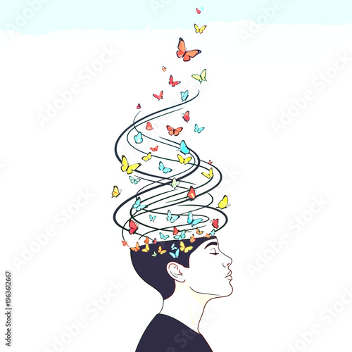 Abstract illustration of a creative mind with colorful butterflies flying out, symbolizing imagination, freedom, and positive thoughts.