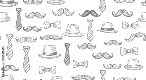 Vintage Gentleman Pattern: Hats, Ties, Mustaches, Bow Ties - Hand Drawn Sketch