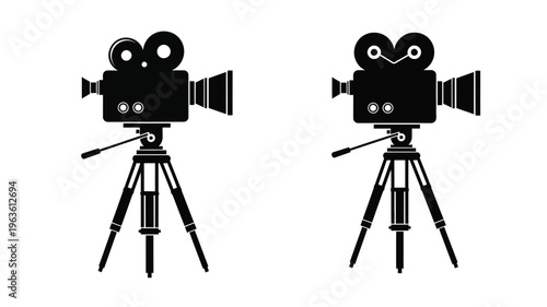 Two vintage film cameras on tripods a striking black silhouette