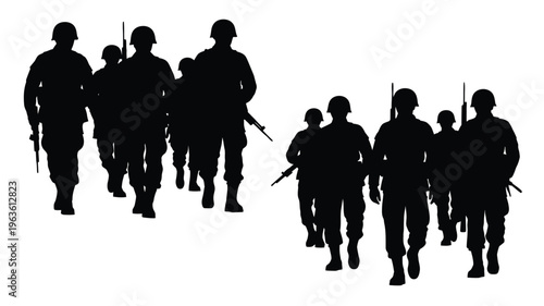 Group of soldiers marching forward depicted in stark black silhouette