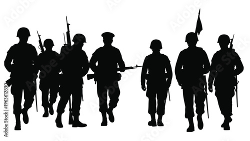 Group of soldiers marching forward in a striking black silhouette