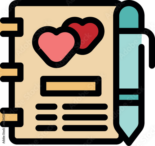 Notebook with hearts symbolizing love, romance, and personal memories, accompanied by a pen for journaling