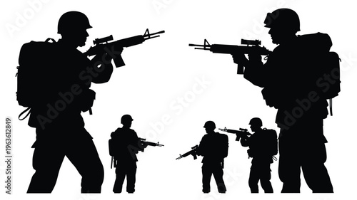 Soldiers with weaponry facing each other a striking black silhouette