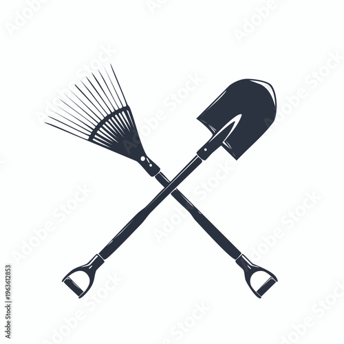Garden tools crossed shovel and rake.