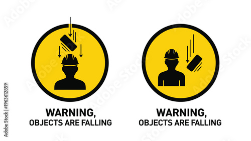 Falling object warning signs with worker silhouettes depicted in black