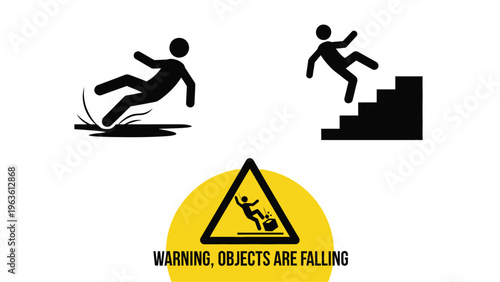 Warning sign depicts falling people and stairs a safety silhouette