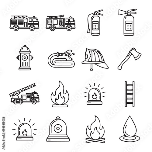 Firefighting Equipment Icons: Trucks Hydrant Hose Axe Ladder Fire Siren Extinguisher Drop