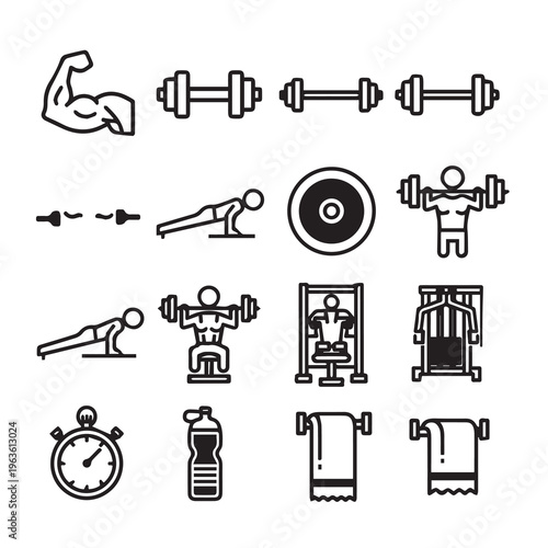 Fitness Icons: Weightlifting Exercise Equipment and Workout Accessories for Health and Wellness