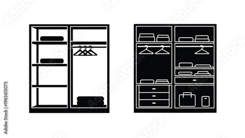 Two black wardrobe designs displayed with minimalist style silhouette
