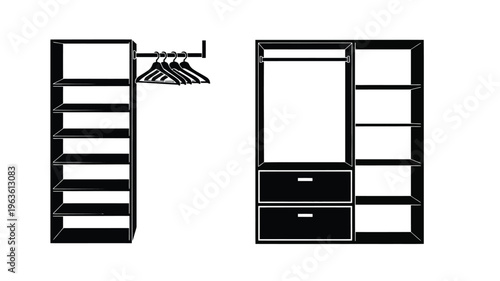 Black closet system with shelves hanging rods and drawers silhouette