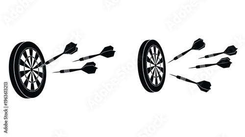 Darts hitting target boards a striking black silhouette