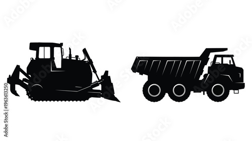 Heavy machinery including a bulldozer and dump truck silhouette