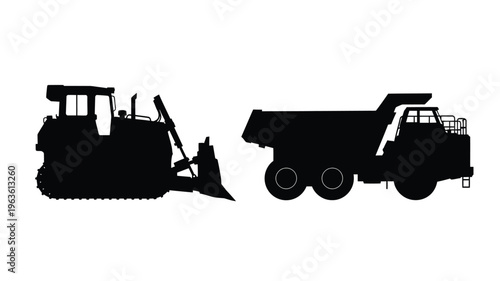 Heavy machinery including a bulldozer and dump truck black silhouette