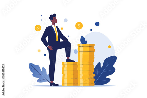 Successful businessman achieving financial growth and wealth flat vector