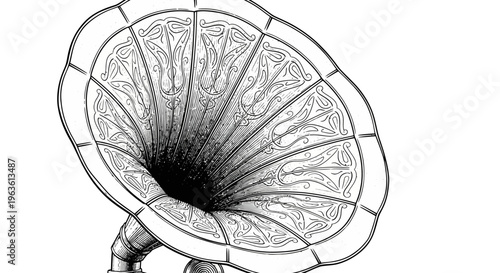 Detailed vintage gramophone horn illustration, antique phonograph receiver, retro music player sound device, intricate engraving style