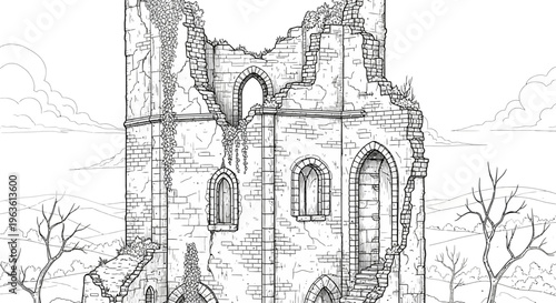 Hand-drawn medieval castle ruin illustration, ancient stone tower in a desolate fantasy landscape, black and white line art.