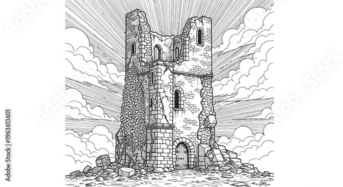 Ancient medieval stone tower ruins illustration with crumbling walls and dramatic sky, black and white drawing for fantasy art