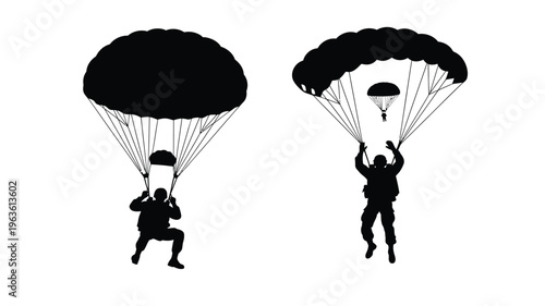 Two skydivers in mid air captured as a striking black silhouette