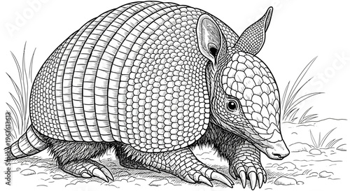 Detailed line art illustration of an armadillo, black and white wildlife drawing for educational content or coloring book