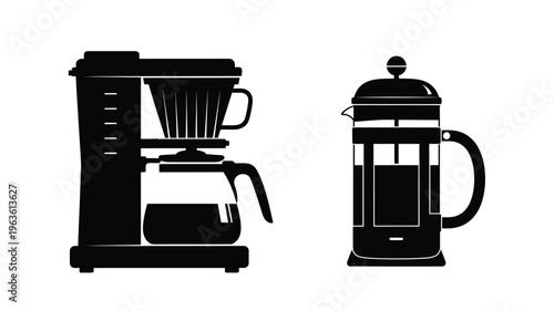 Two coffee makers a pour over and french press in black silhouette