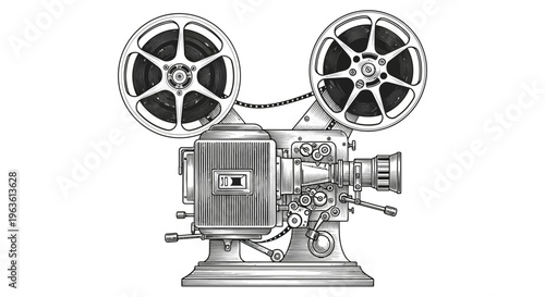 Vintage Film Projector Illustration: Retro Cinema Equipment for Movie Production, Entertainment, and Media History