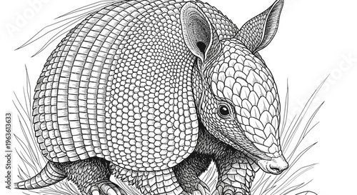 Intricate armadillo illustration, a detailed black and white line art drawing of a wild armored mammal. Perfect for education and design.