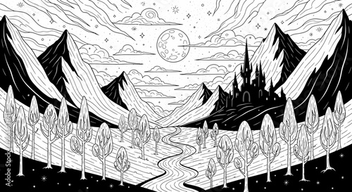 Enchanted Fantasy Landscape Line Art with Mystical Castle, Moon, Mountains, and Winding River - Black and White Illustration