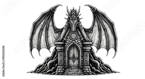 Fantasy Dragon Shrine Illustration, Ancient Gothic Architecture with Intricate Stone Carvings, Majestic Wings, and Mystical Roots